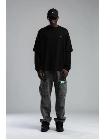 Erkek İnce Owersize Baskılı Sweatshirt -Siyah