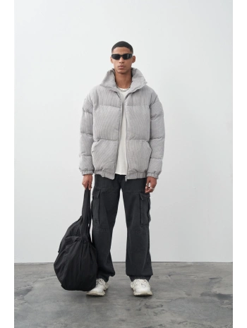 Erkek Kalın Fitilli Kadife Şişme Mont -Füme