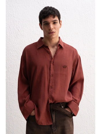 Erkek Modal Kumaş Owersize Uzun Kollu Gömlek- Bordo