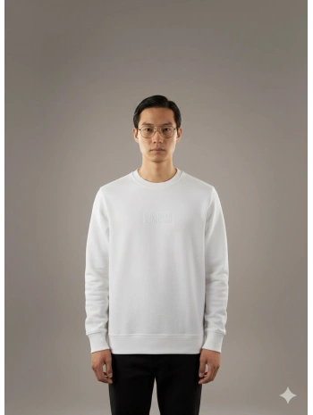 Erkek Normal Kalıp Bisiklet Yaka Dıstragıon Sweat- Beyaz