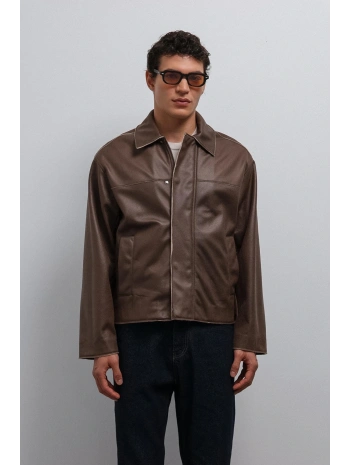 Erkek Normal Kalıp Biyeli Nubuk Deri Mont- Kahverengi