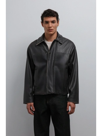 Erkek Normal Kalıp Biyeli Nubuk Deri Mont- Siyah