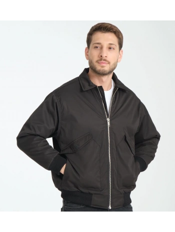 Erkek Normal Kalıp İçi Kürklü Paraşüt Kumaş Fermuarlı Mont - Siyah