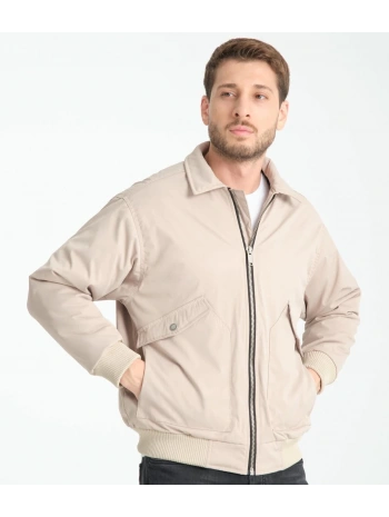 Erkek Normal Kalıp İçi Kürklü Paraşüt Kumaş Fermuarlı Mont - Taş