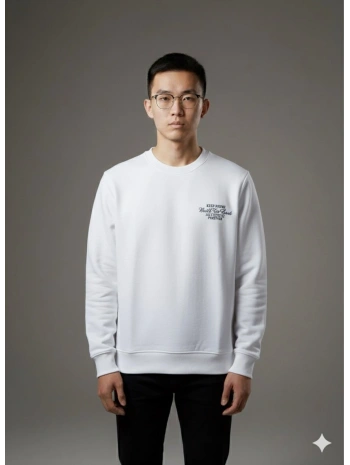 Erkek Normal Kalıp Keep Rısıng Yazılı Sweat- Beyaz