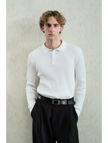 Erkek Normal Kesim Polo Yaka Kendinden Çizgili Triko -Beyaz