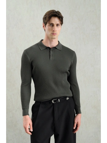 Erkek Normal Kesim Polo Yaka Kendinden Çizgili Triko -Gri