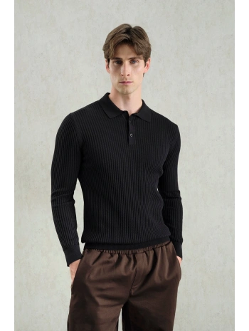 Erkek Normal Kesim Polo Yaka Kendinden Çizgili Triko -Siyah