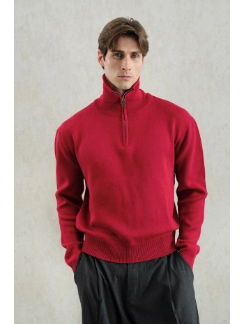 Erkek Normal Kesim Yakası Fermuarlı Polo Yaka Triko -Kırmızı