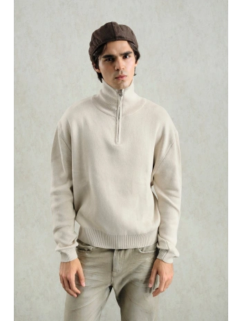 Erkek Normal Kesim Yakası Fermuarlı Polo Yaka Triko -Krem