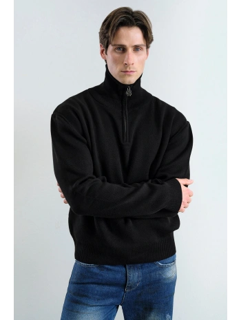 Erkek Normal Kesim Yakası Fermuarlı Polo Yaka Triko -Siyah