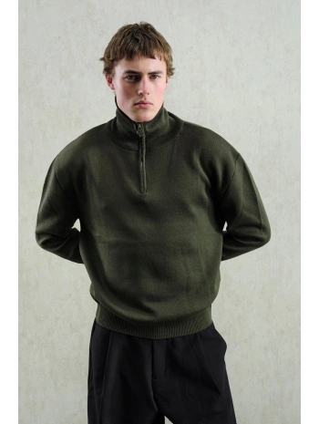 Erkek Normal Kesim Yakası Fermuarlı Polo Yaka Triko -Yeşil