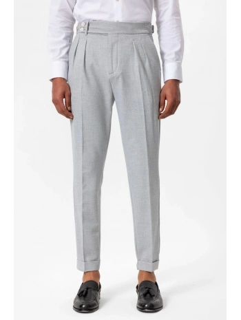 Erkek Örme Kumaş Yüksek Bel Pileli Tokalı Pantolon- Gri