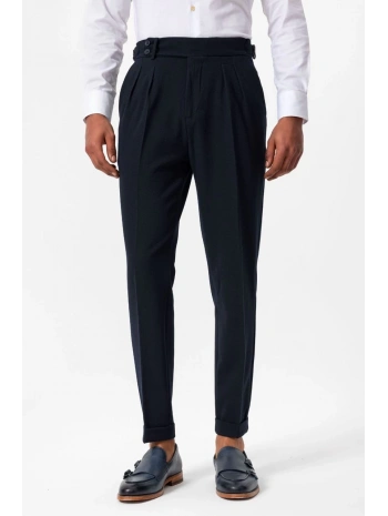 Erkek Örme Kumaş Yüksek Bel Pileli Tokalı Pantolon- Lacivert