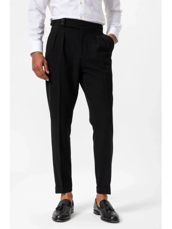 Erkek Örme Kumaş Yüksek Bel Pileli Tokalı Pantolon-Siyah