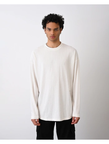 Erkek Owersize Bisiklet Örme İnce Triko-Beyaz