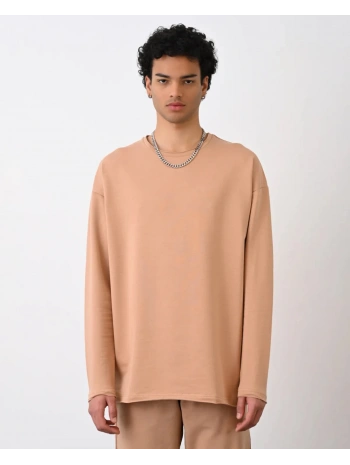 Erkek Owersize Bisiklet Yaka Basic Sweatshirt - Taba