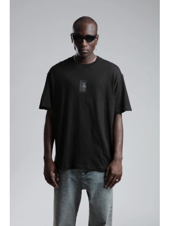 Erkek Owersıze Bisiklet Yaka Baskılı Tişört -Siyah