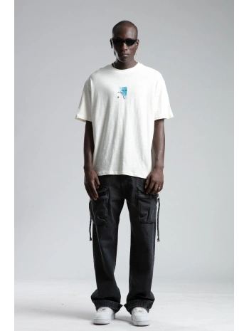 Erkek Owersıze Bisiklet Yaka California Baskılı Tişört -Ekru