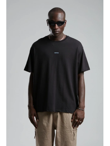 Erkek Owersıze Bisiklet Yaka Catch Baskılı Tişört -Siyah