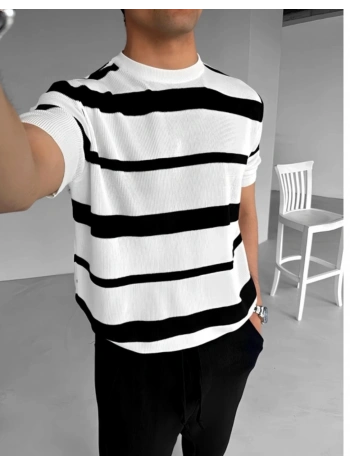 Erkek Owersıze Bisiklet Yaka Çizgili Triko Tişört - Beyaz Laci