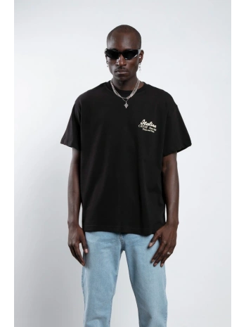 Erkek Owersıze Bisiklet Yaka Italia Baskılı Tişört -Siyah