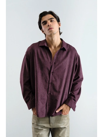 Erkek Owersize Çizgili Pamuklu Gömlek- Bordo