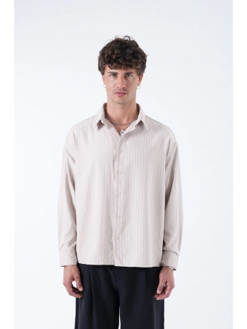 Erkek Owersize Çizgili Pamuklu Gömlek- Krem
