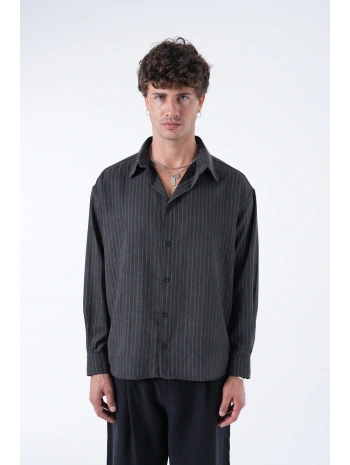Erkek Owersize Çizgili Pamuklu Gömlek- Siyah