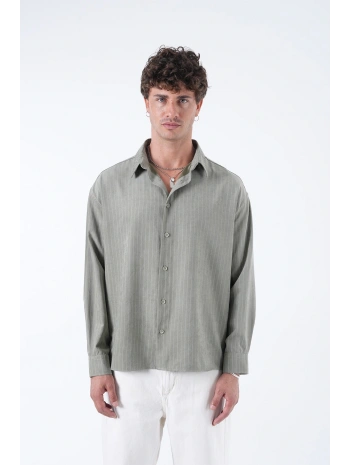 Erkek Owersize Çizgili Pamuklu Gömlek- Yeşil