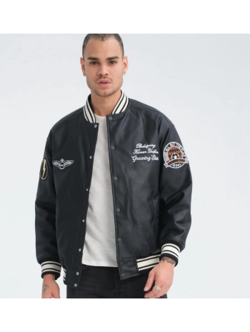 Erkek Owersıze Deri Kolej Mont - Siyah