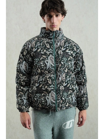 Erkek Owersize Desenli Kadife Mont-Yeşil