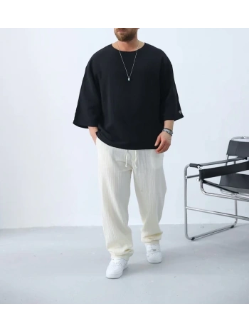 Erkek Owersize Fakir Kol Gömlek- Siyah