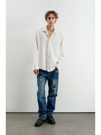 Erkek Owersıze Fitilli Kadife Gömlek -Beyaz