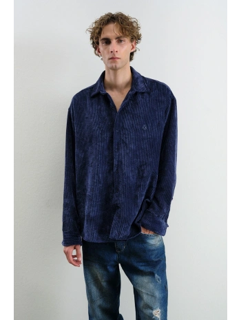 Erkek Owersıze Fitilli Kadife Gömlek -Lacivert