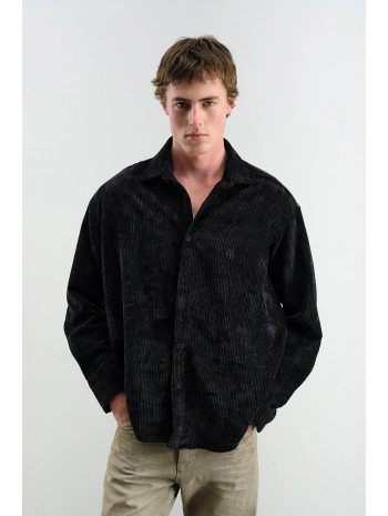 Erkek Owersıze Fitilli Kadife Gömlek -Siyah