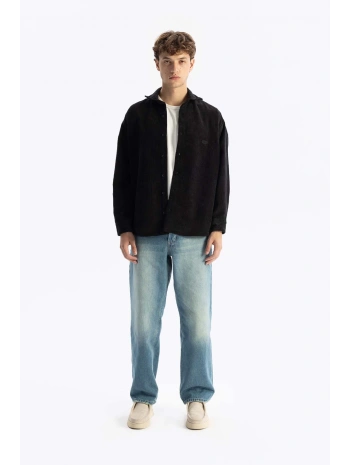 Erkek Owersıze Fitilli Kadife Gömlek -Siyah