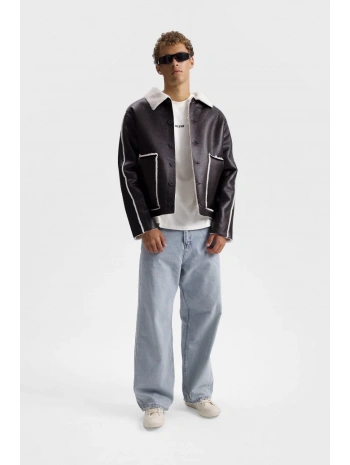 Erkek Owersize İçi Kürklü Düğmeli Mont-Siyah