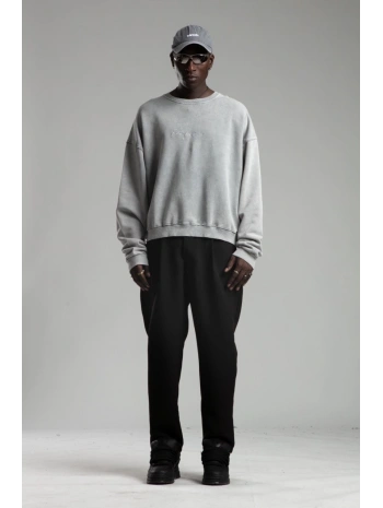 Erkek Owersize İçi Şardonlu Bisiklet Yaka Follow Yazılı Eskitme Sweatshirt - Gri