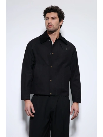 Erkek Owersize Kalıp Yakası Kadife Mont- Siyah