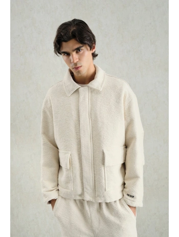 Erkek Owersize Kaşe Bomber Kendinden Desenli Mont -Bej