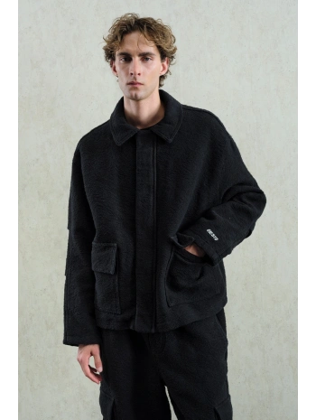 Erkek Owersize Kaşe Bomber Kendinden Desenli Mont -Siyah