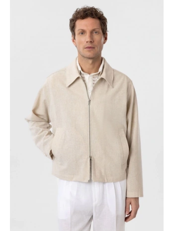 Erkek Owersıze Keten Fermuarlı Ceket -Krem