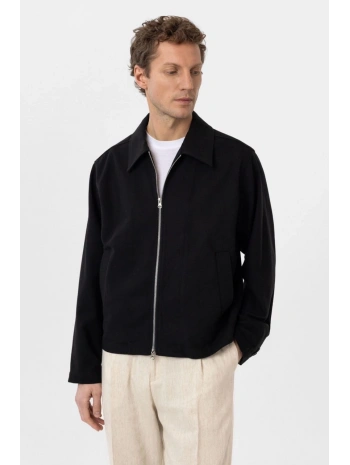 Erkek Owersıze Keten Fermuarlı Ceket -Siyah