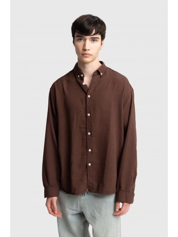 Erkek Owersize Keten Gömlek- Kahverengi