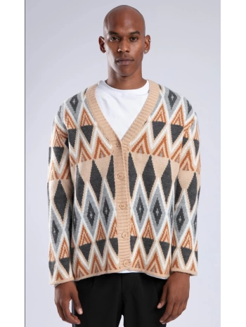 Erkek Owersize Kilim Desenli Yün Hırka -Kahve-Bej