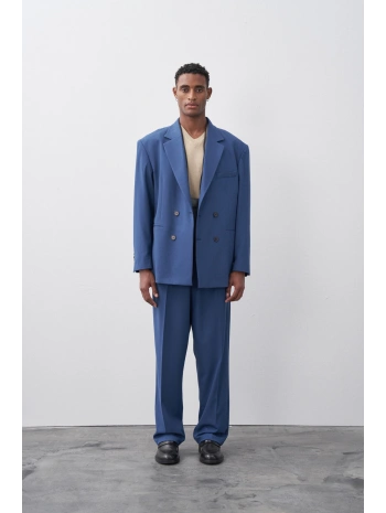 Erkek Owersıze Kruvaze Takım Elbise-Mavi