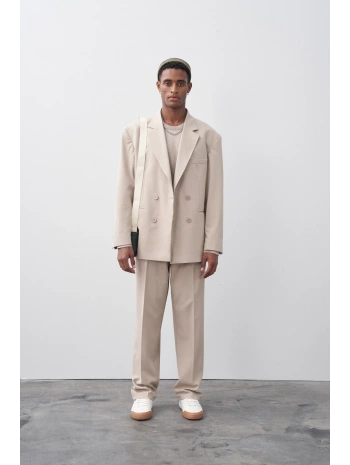 Erkek Owersıze Kruvaze Takım Elbise-Krem