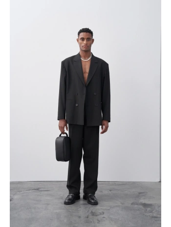 Erkek Owersıze Kruvaze Takım Elbise-Siyah