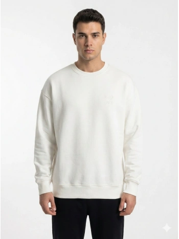 Erkek Owersize Önü Baskılı Düz Basic Sweatshirt-Beyaz